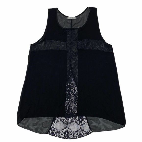 ISSI Black Sheer Mesh Lace Sleeveless High Low Tank Top Blouse - Picture 5 of 10